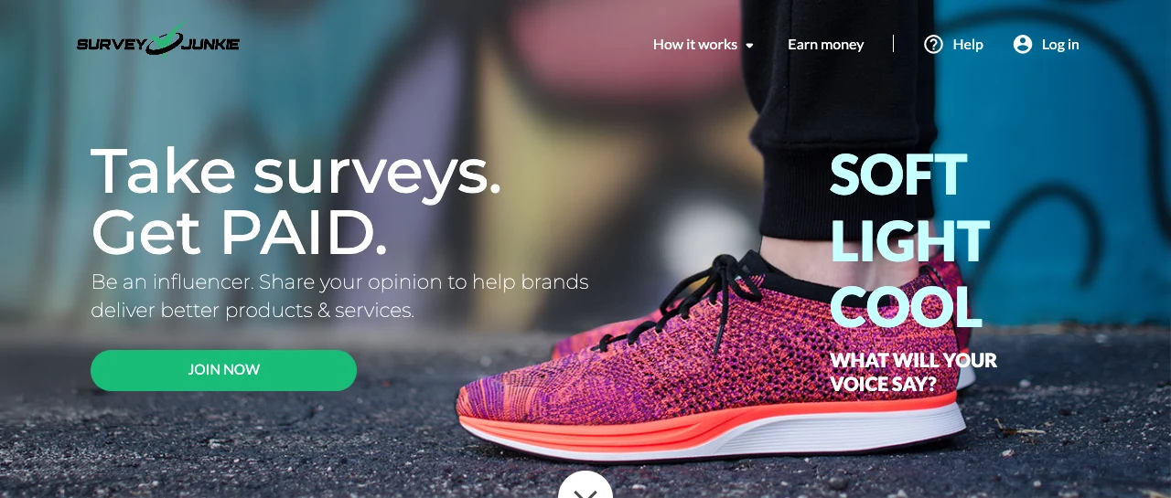 Survey Junkie homepage saying Take surveys. Get PAID. with a Join Now button
