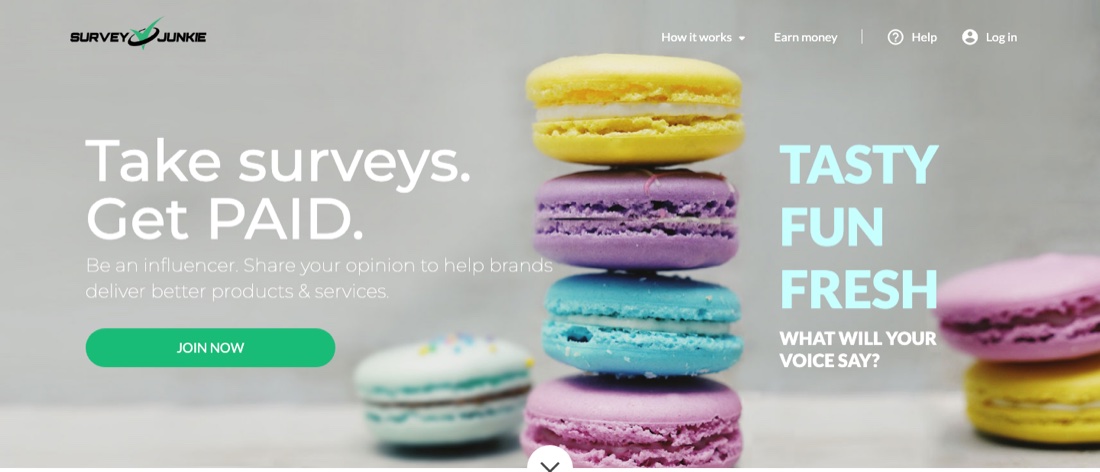 Survey Junkie homepage with the tagline Take surveys Get paid and a green Join Now button