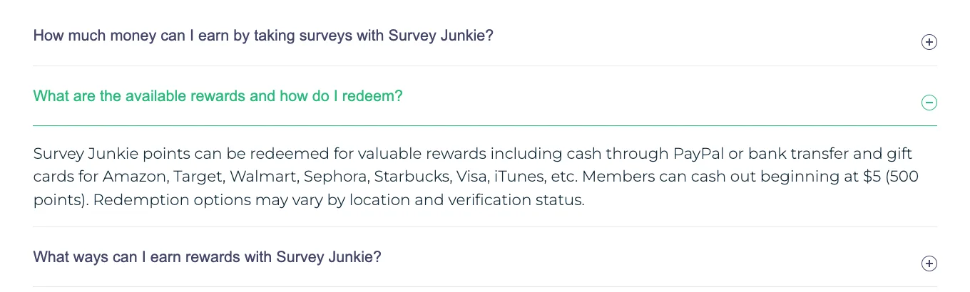 Survey Junkie FAQ answer listing PayPal, bank transfer and gift card rewards from $5