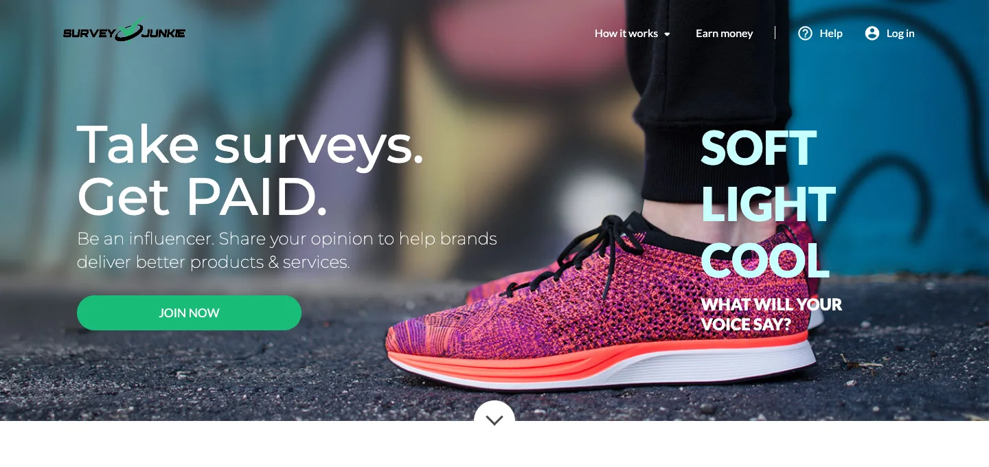 Survey Junkie homepage inviting you to take surveys and get paid