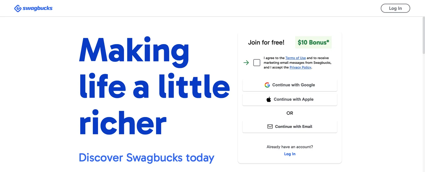 Swagbucks homepage with a Join for free box offering a $10 bonus and Google, Apple or email sign-up