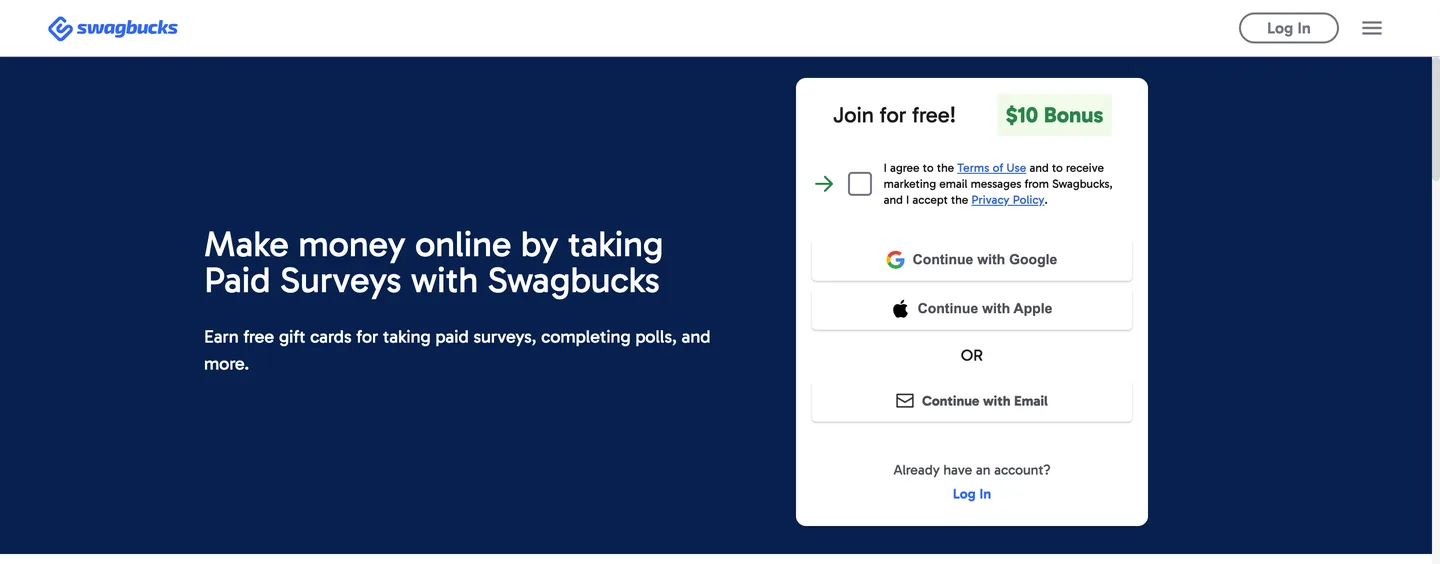 Swagbucks paid surveys page with a Join for free box