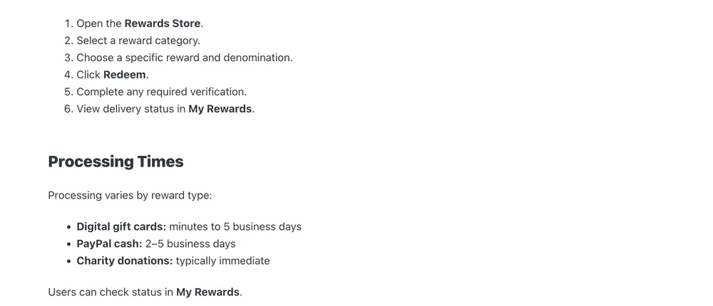 Swagbucks Help Center processing times: digital gift cards in minutes to 5 business days, PayPal cash in 2 to 5