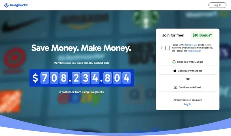 Swagbucks homepage with its free sign-up box and running total of member cash-outs