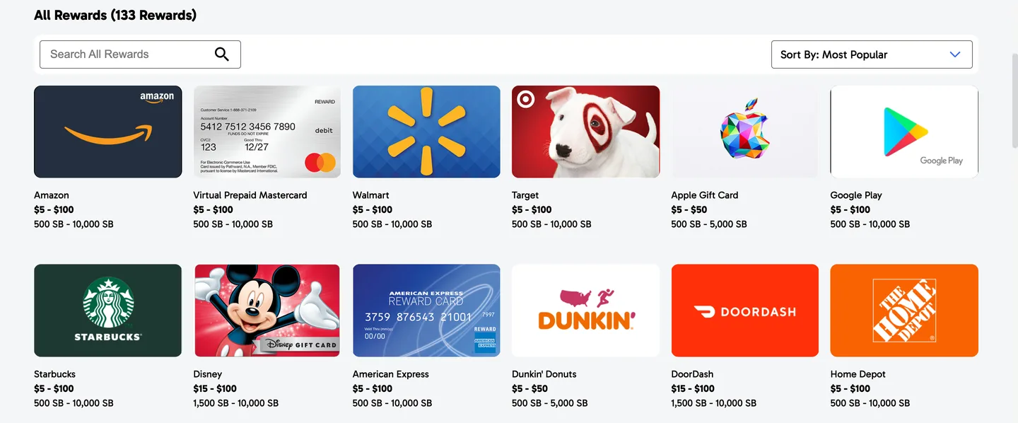 Swagbucks Rewards Store with $5 to $100 gift cards priced at 500 to 10,000 SB