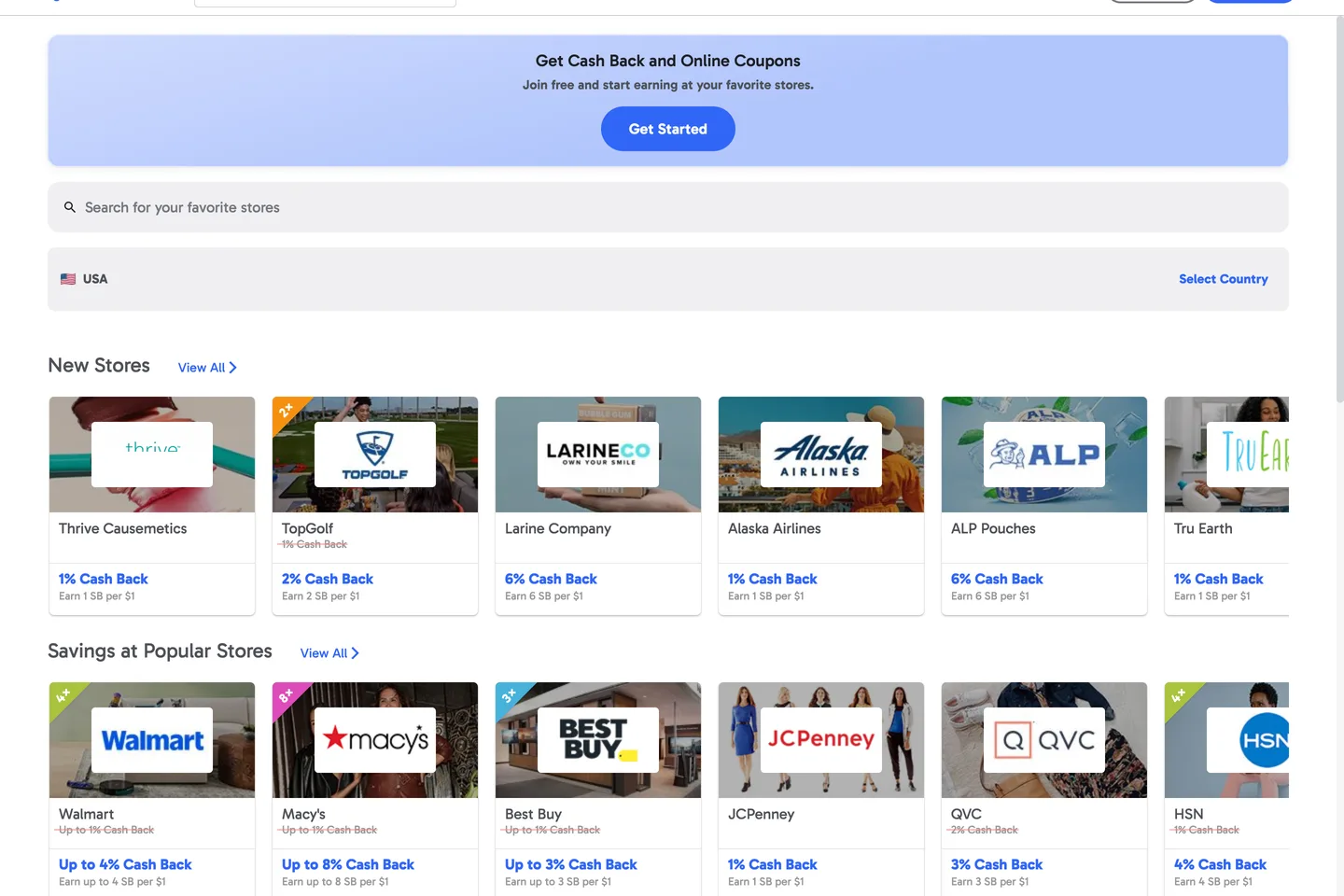 Swagbucks Shop and Earn page with cash back rates at Walmart, Macy's, Best Buy and other stores