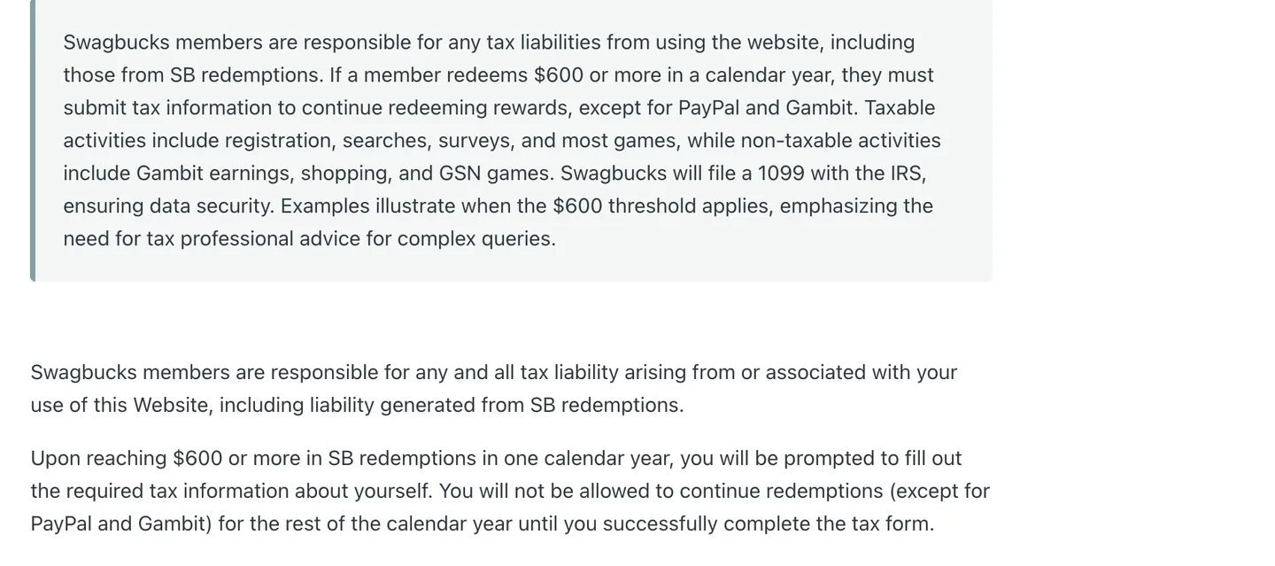 Swagbucks Help Center tax page explaining the $600 redemption threshold