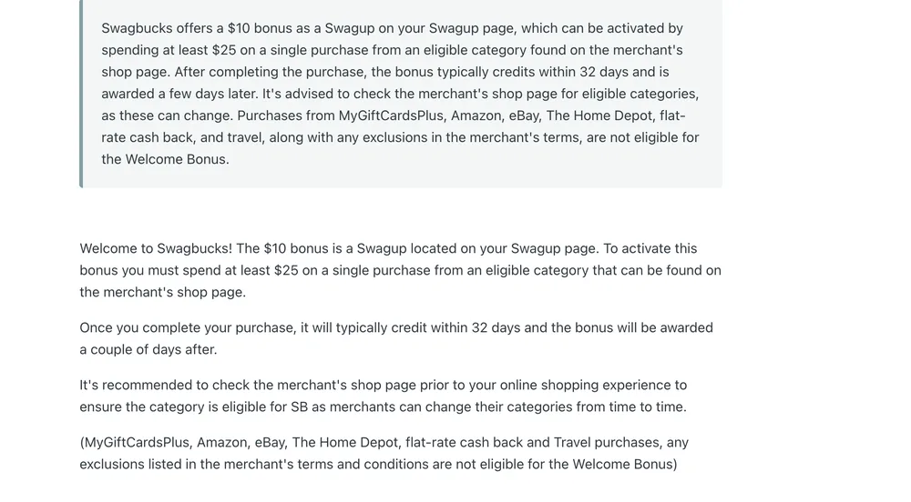 Swagbucks Welcome Bonus help article listing the $25 single-purchase rule and excluded stores
