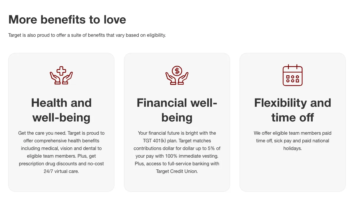 Target benefits cards: health benefits for eligible team members, a 401(k) match up to 5% with 100% immediate vesting, and paid time off