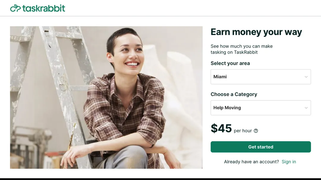 TaskRabbit Become a Tasker page estimating $45 an hour for help moving in Miami