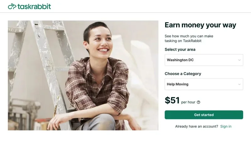 TaskRabbit Become a Tasker page estimating $51 per hour for Help Moving tasks in Washington DC