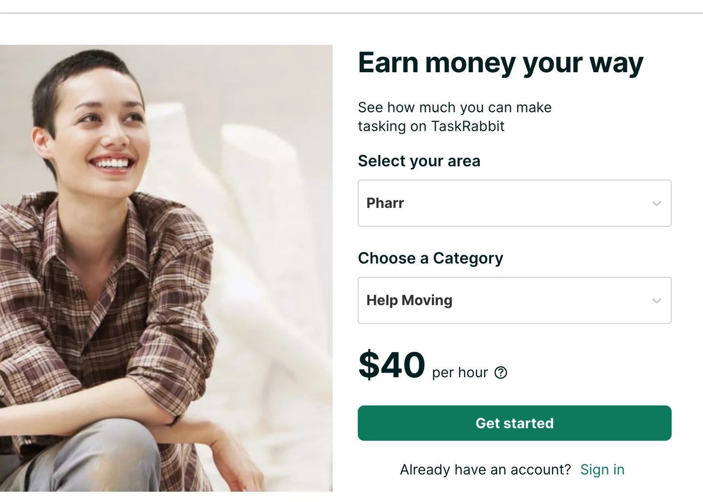 TaskRabbit's tasker sign-up page showing how much you can make per hour in your area