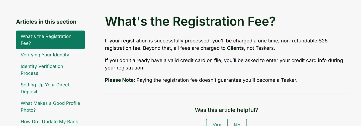 Taskrabbit help page about the Tasker registration fee