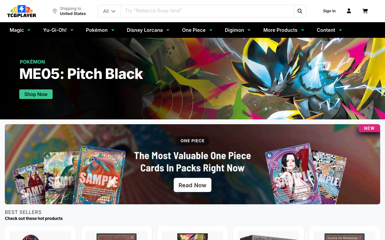 TCGplayer marketplace showing collectible trading card listings and prices