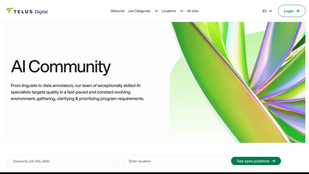TELUS Digital AI Community jobs page with a search box for open positions