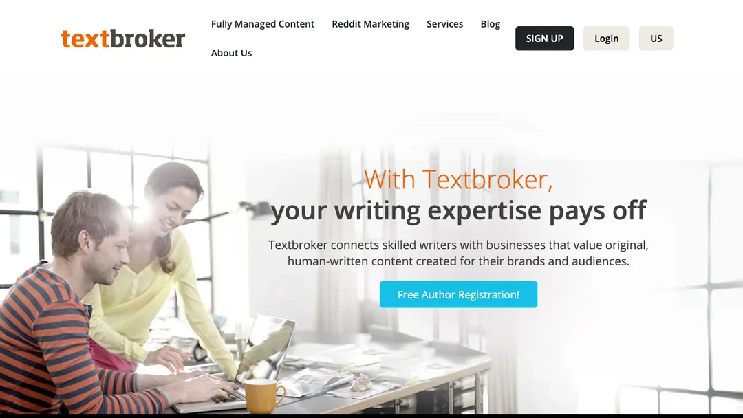 Textbroker authors page saying your writing expertise pays off, with a Free Author Registration button