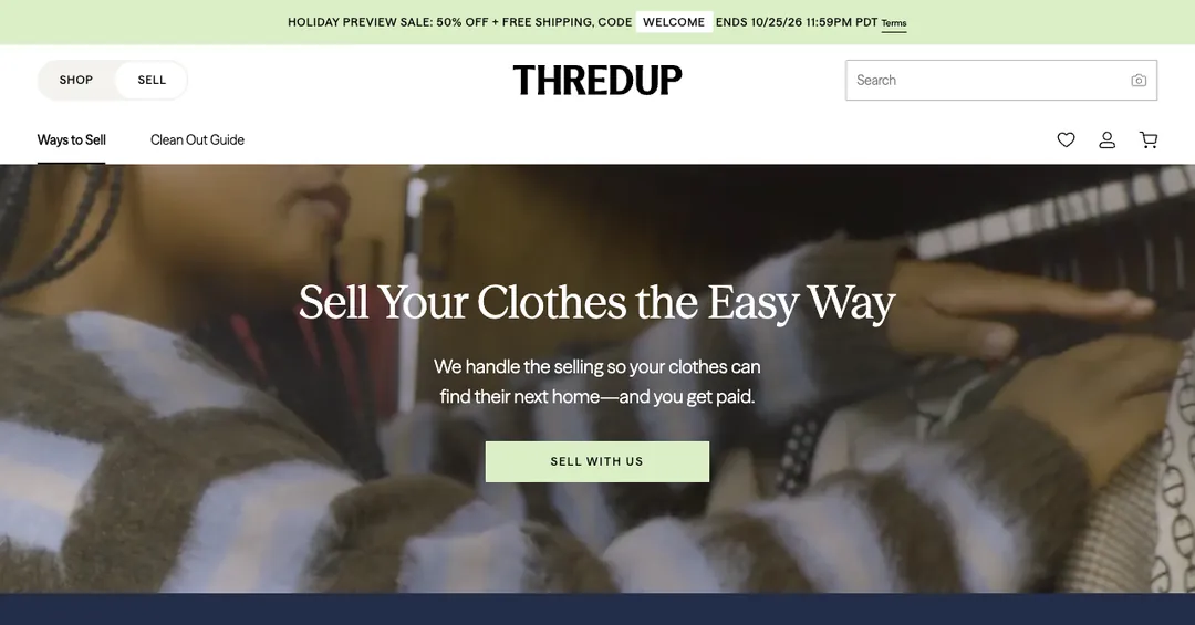 ThredUp page saying Sell Your Clothes the Easy Way, with a Sell With Us button