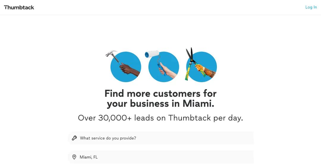 Thumbtack Pro page saying Find more customers for your business, with a sign-up form