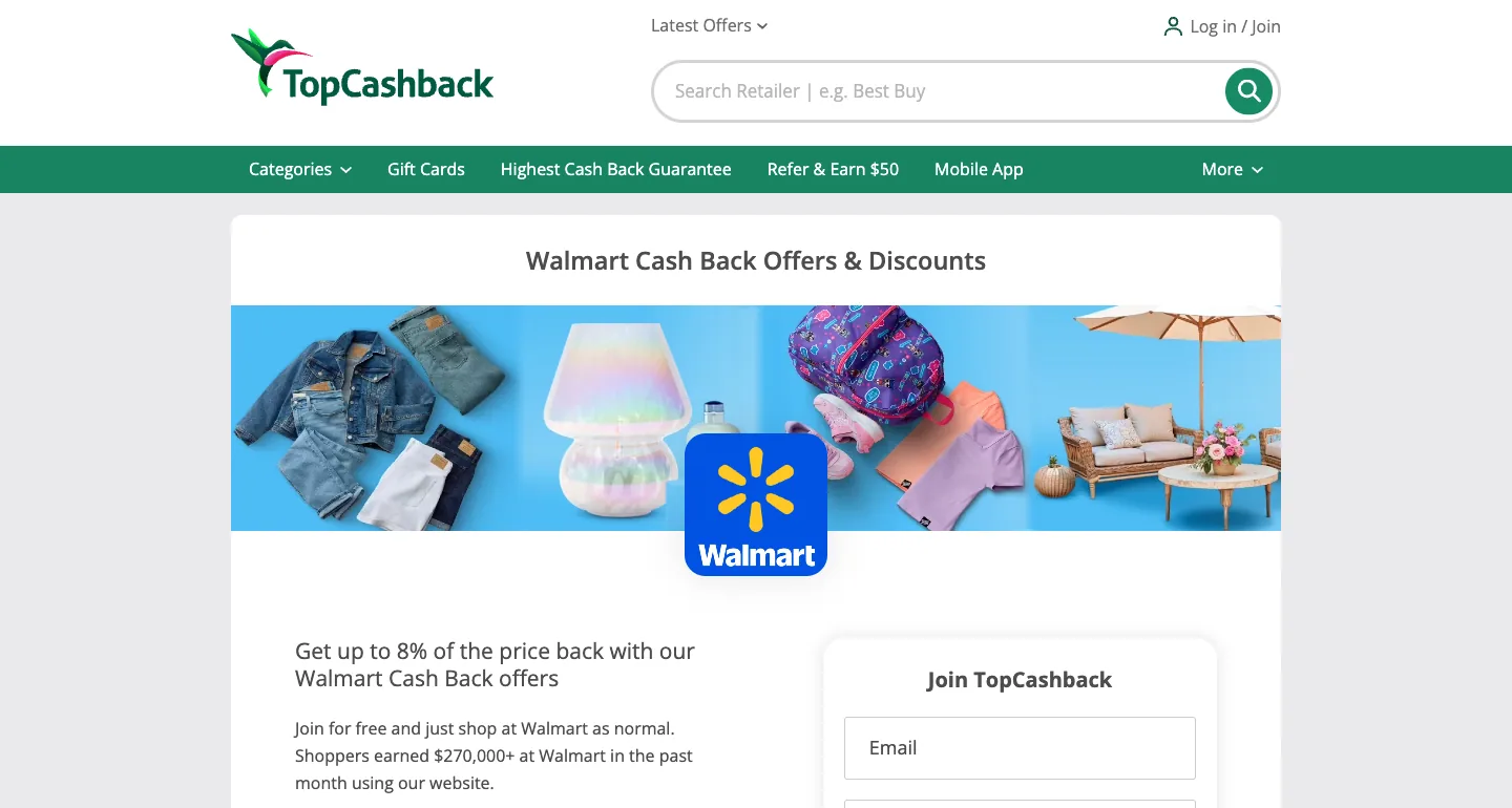 TopCashback's Walmart page offering up to 8% cash back