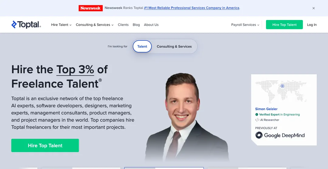 Toptal homepage saying Hire the Top 3% of Freelance Talent