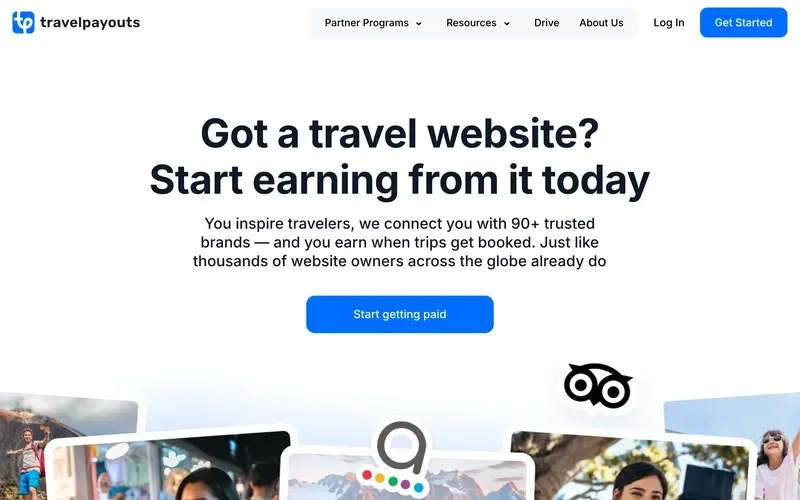 Travelpayouts homepage offering website owners 90+ trusted travel brands to earn from