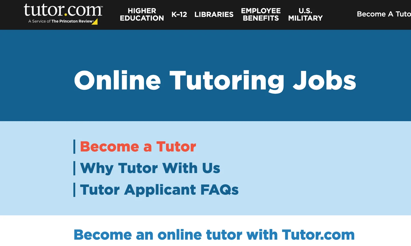 Tutor.com's online tutoring jobs page with a link to become a tutor