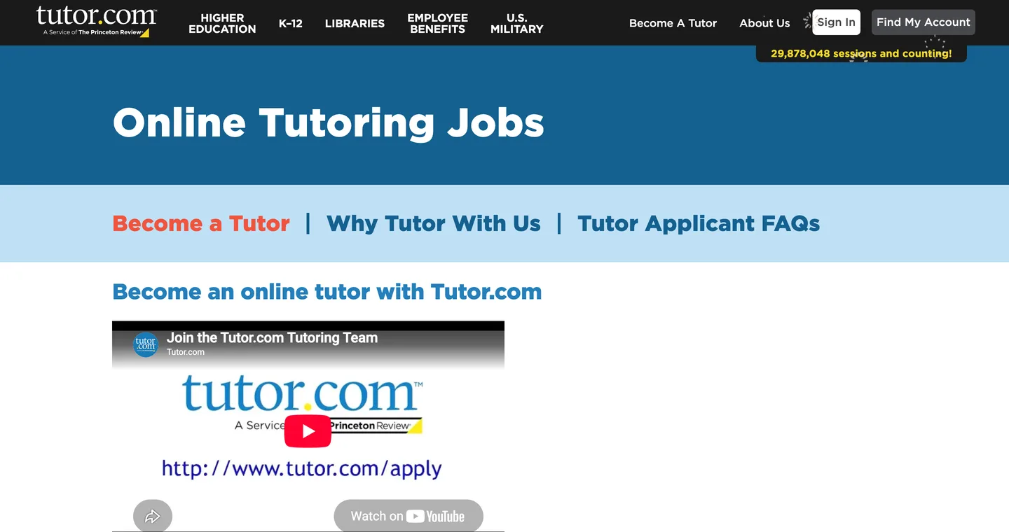 Tutor.com Online Tutoring Jobs page with a Become a Tutor link
