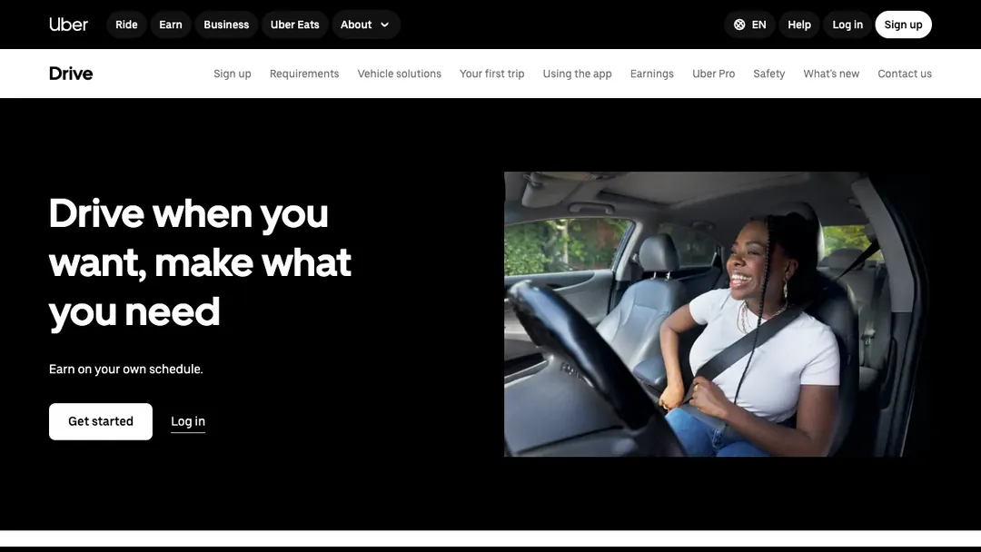 Uber Drive page saying Drive when you want, make what you need