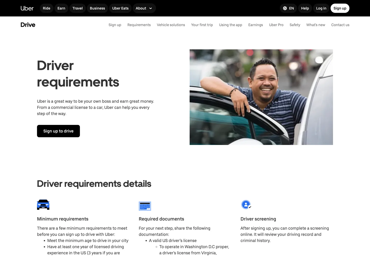 Uber's driver requirements page