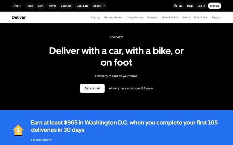 Uber delivery sign-up page offering at least $965 for a first 105 deliveries in 30 days in Washington, D.C.