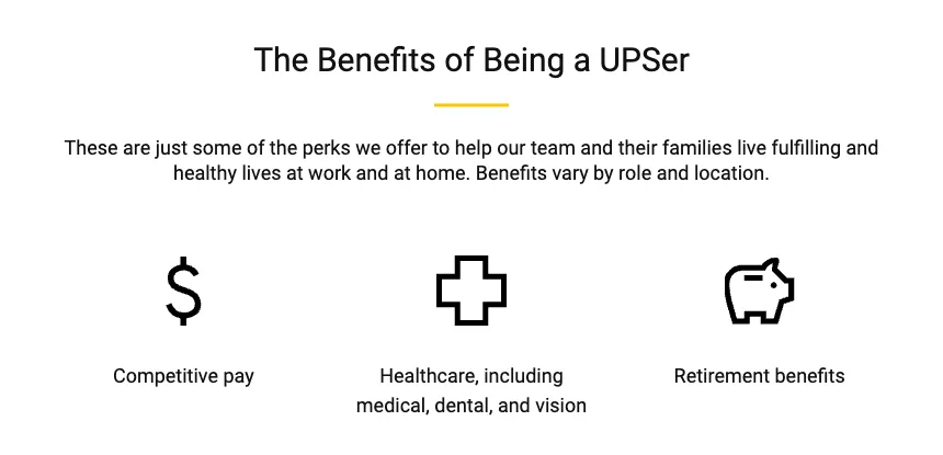 UPS jobs site saying benefits vary by role and location, with healthcare and retirement benefits listed