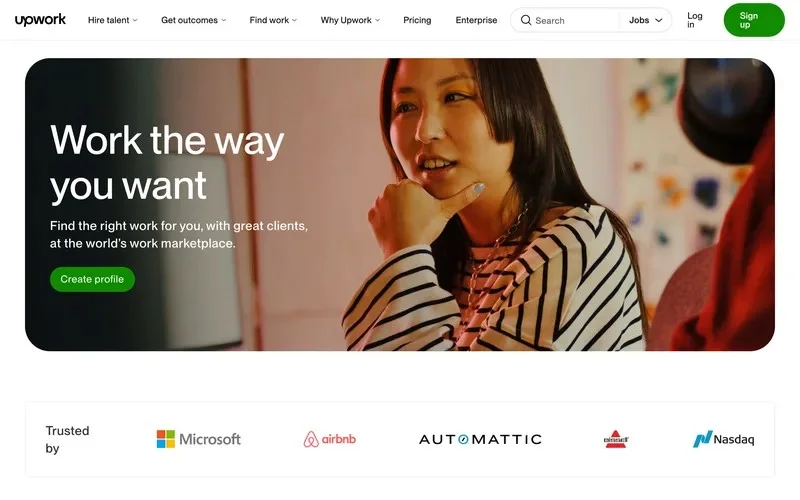 Upwork freelancer page with the headline Work the way you want and a Create profile button