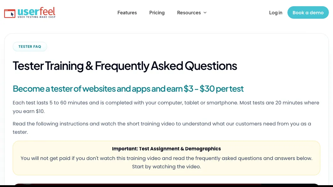 Userfeel tester FAQ page saying testers earn $3 to $30 per test