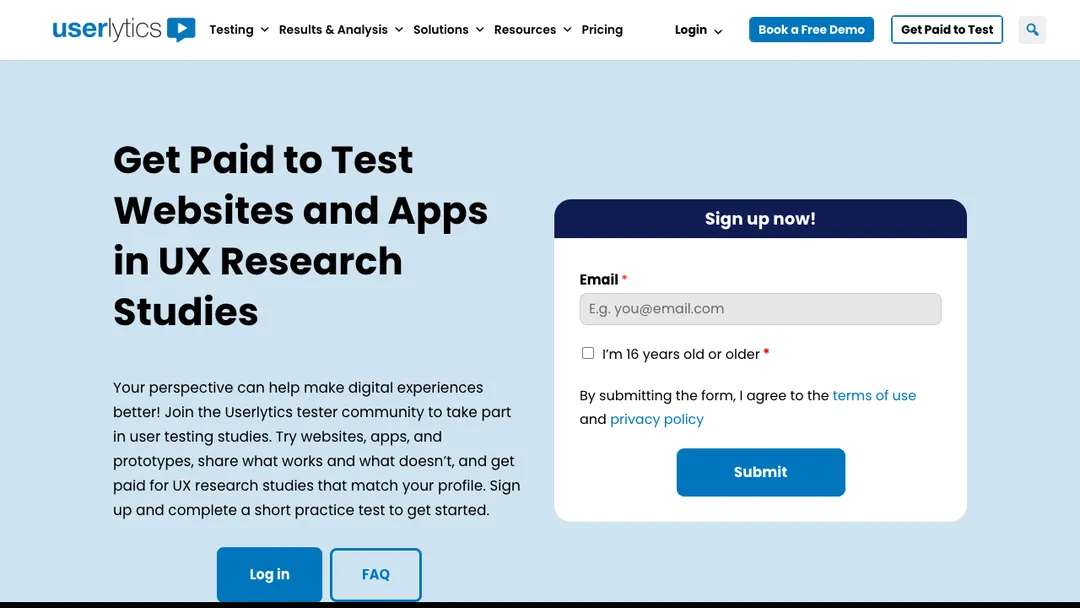 Userlytics page saying Get Paid to Test Websites and Apps, with a tester sign-up form
