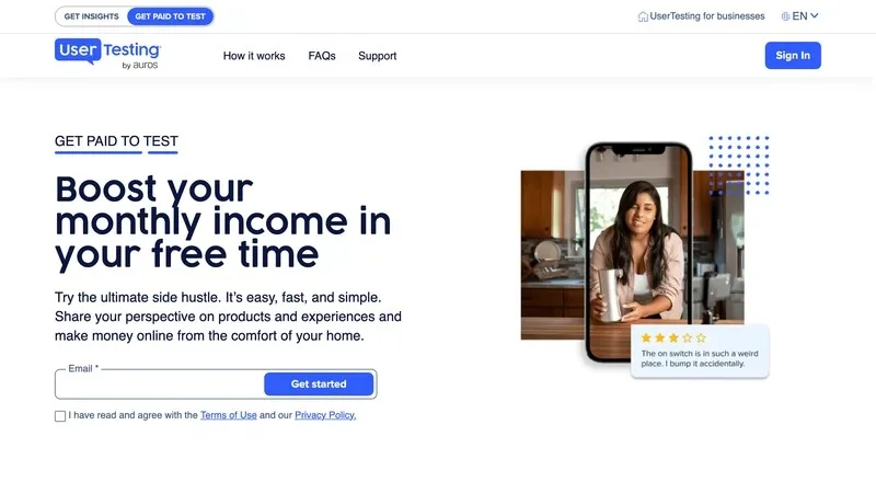 UserTesting Get Paid to Test page with the headline Boost your monthly income in your free time