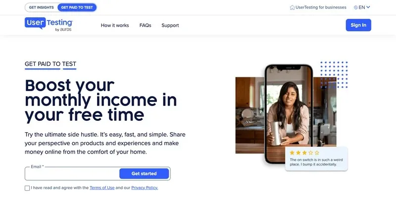 UserTesting's get-paid-to-test page with its tester sign-up form