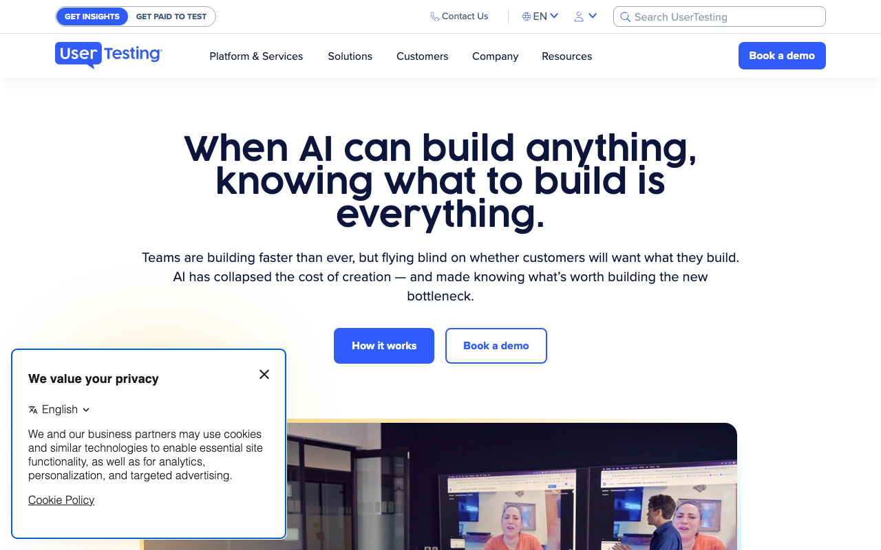 UserTesting page showing paid website and app test sessions