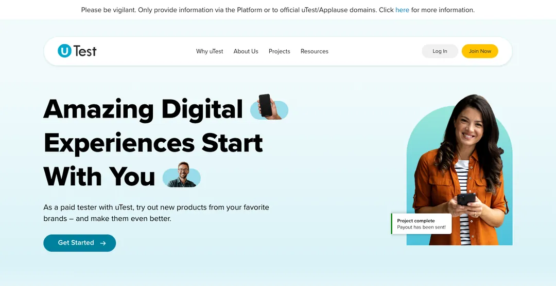 uTest homepage inviting paid testers to try out new products
