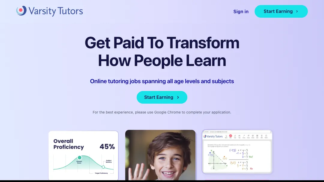 Varsity Tutors tutoring jobs page saying Get Paid To Transform How People Learn