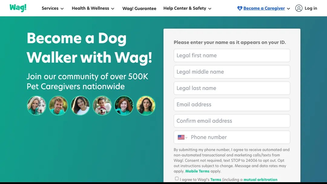 Wag Become a Dog Walker sign-up page mentioning over 500K pet caregivers