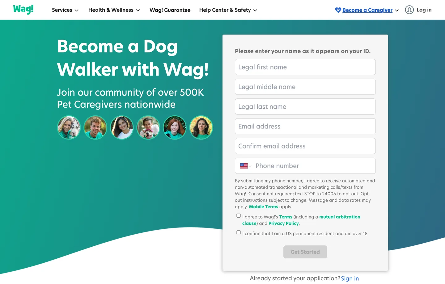Wag's Become a Dog Walker sign-up form