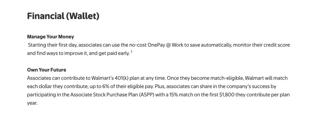 Walmart benefits page saying it matches each dollar associates contribute to the 401(k), up to 6% of eligible pay, once they become match-eligible