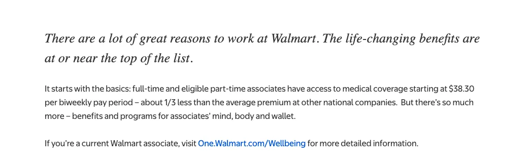 Walmart benefits page saying full-time and eligible part-time associates get medical coverage starting at $38.30 per biweekly pay period