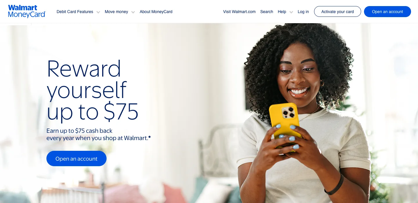 Walmart MoneyCard cash back page offering up to $75 a year