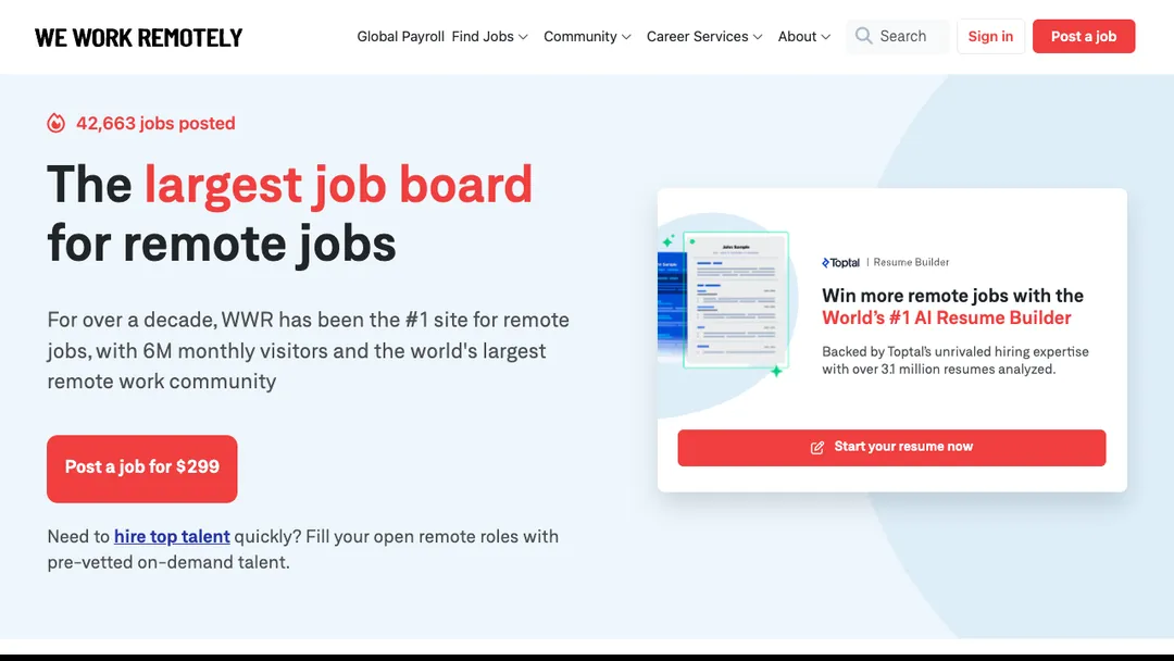 We Work Remotely homepage calling itself the largest job board for remote jobs
