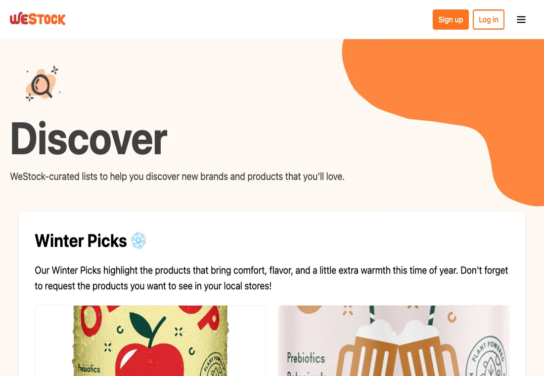 WeStock Discover page with curated product lists
