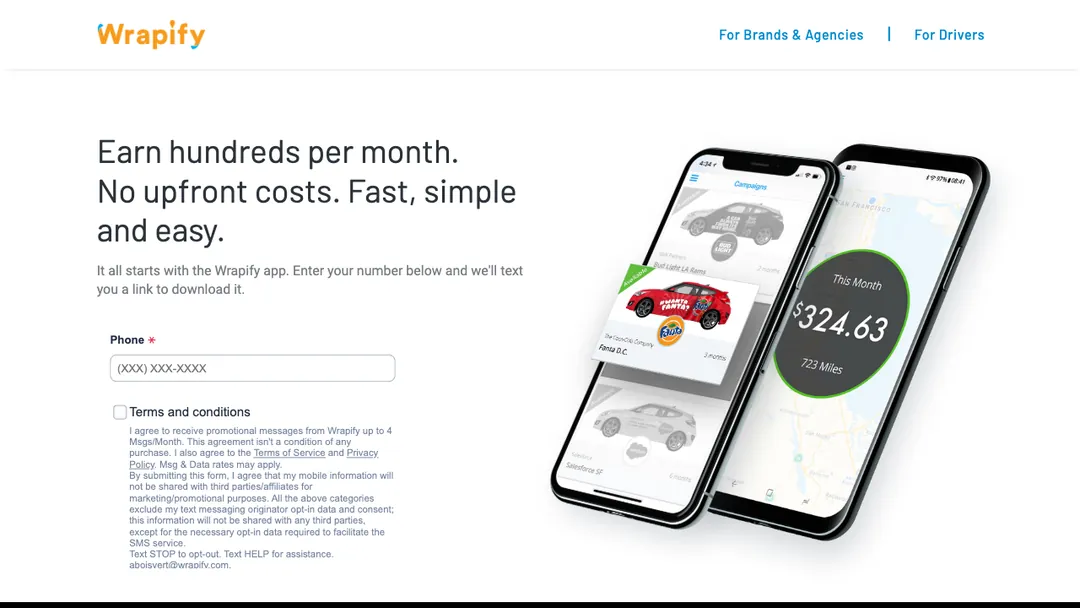Wrapify drivers page saying Earn hundreds per month