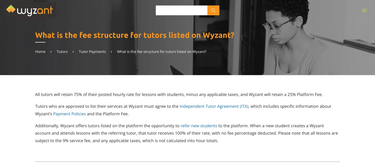 Wyzant help page saying tutors keep 75% of their hourly rate and Wyzant keeps a 25% platform fee