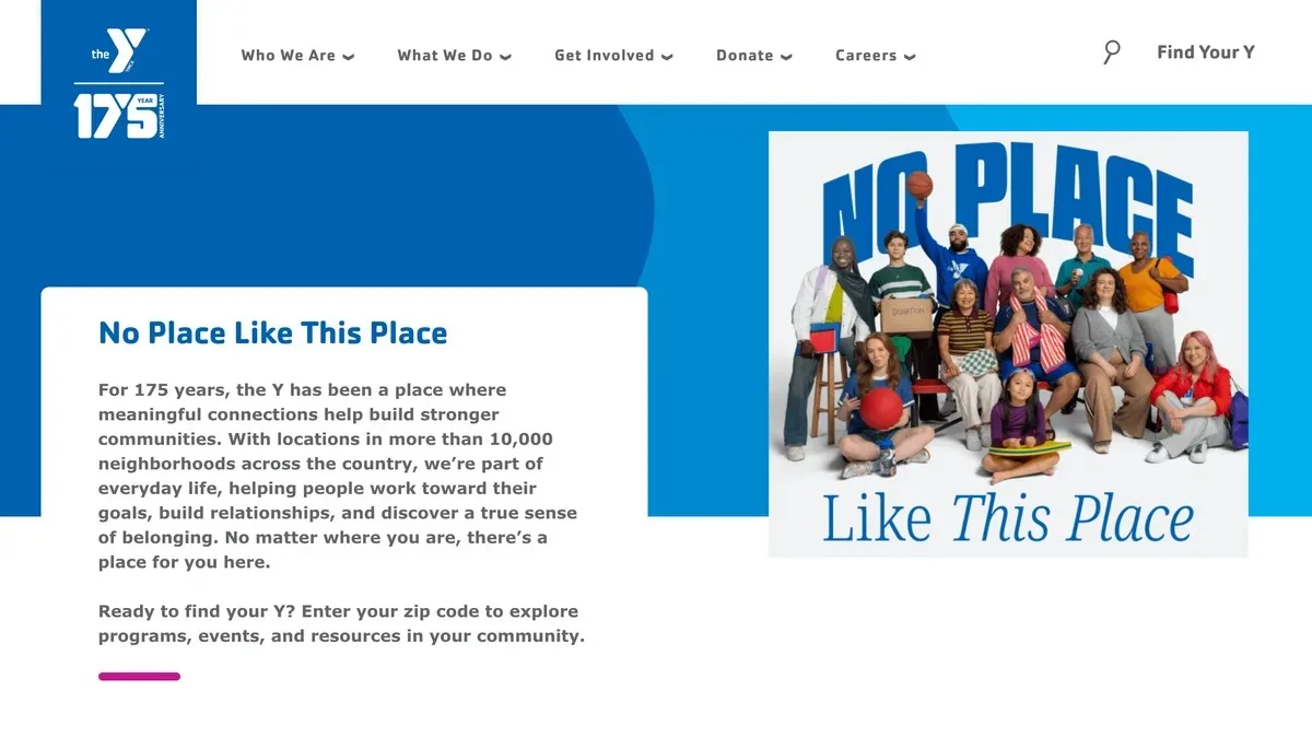 YMCA homepage saying the Y has locations in more than 10,000 neighborhoods across the country