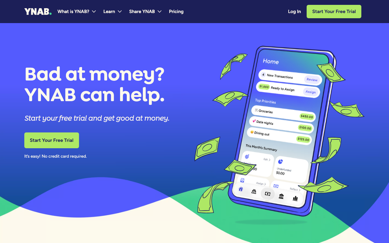 YNAB homepage screenshot